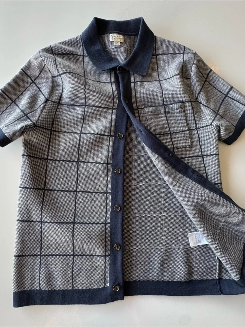 J. Crew Cotton Jacquard Navy Grid Short-Sleeve Button Retro Polo Cardigan SMALL